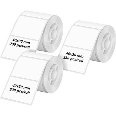 Trois rouleaux d'étiquettes adhésives sont présentés, chacun ayant une taille de 40x30 mm et contenant 230 étiquettes par rouleau.