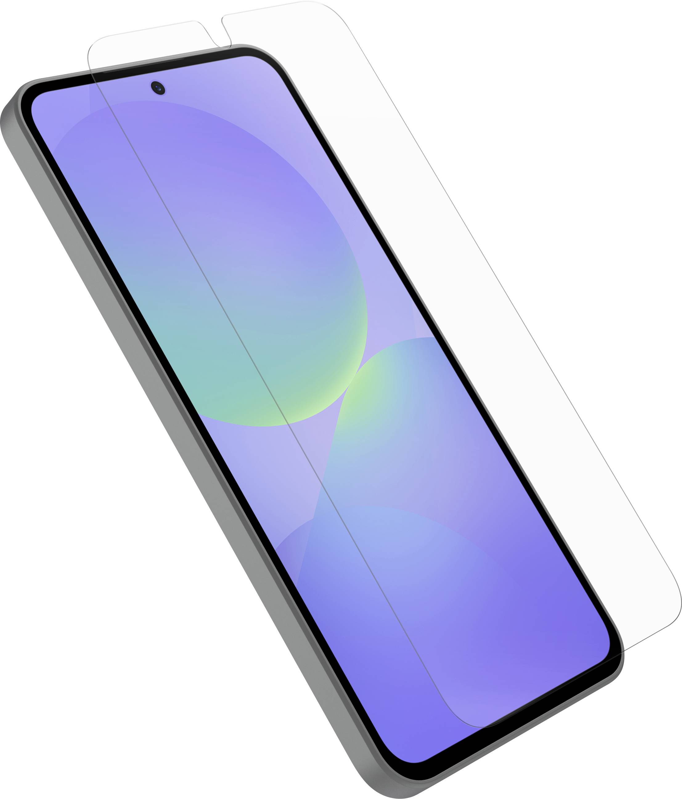 Smartphone montré sous un angle avec un protecteur d'écran transparent aligné dessus.