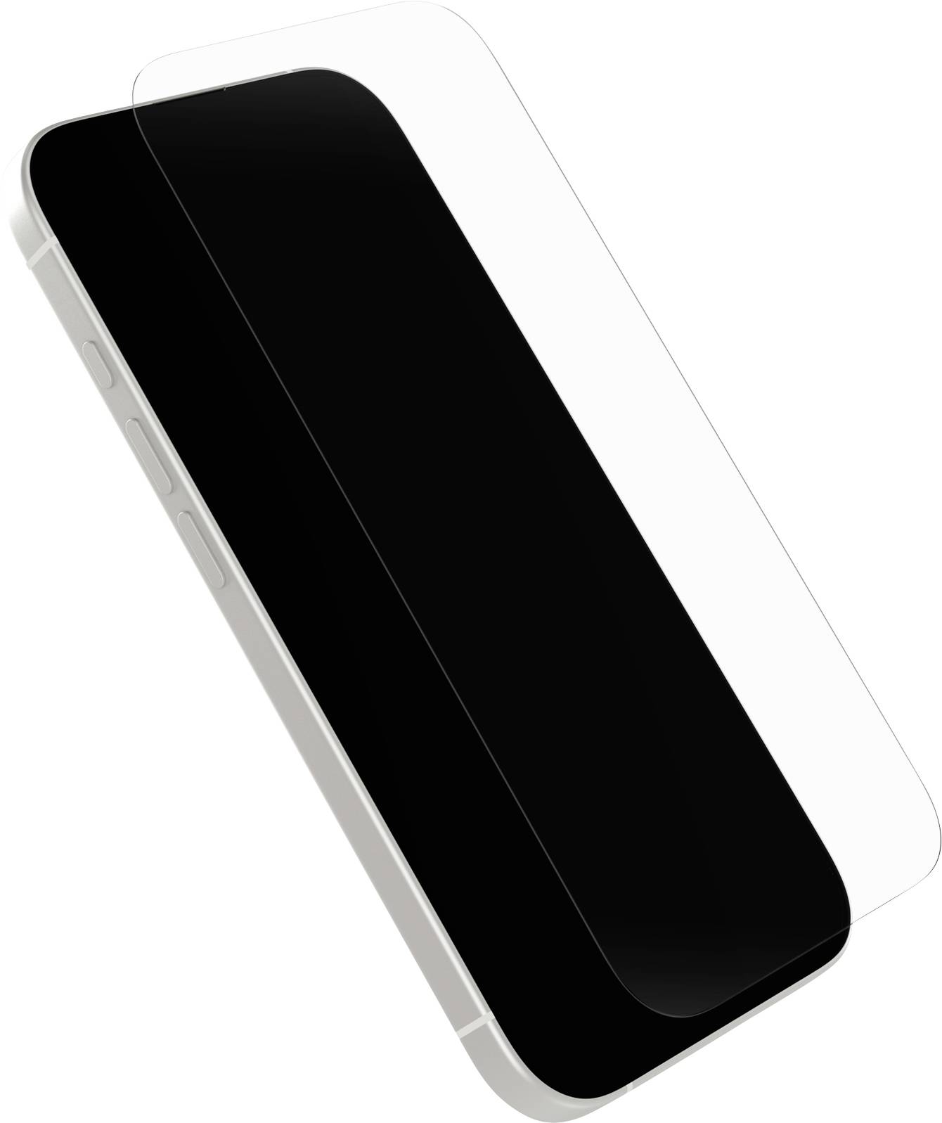 « Smartphone avec protecteur d'écran transparent en lévitation au-dessus, incliné pour montrer les boutons latéraux. Écran noir, bords gris clair. »