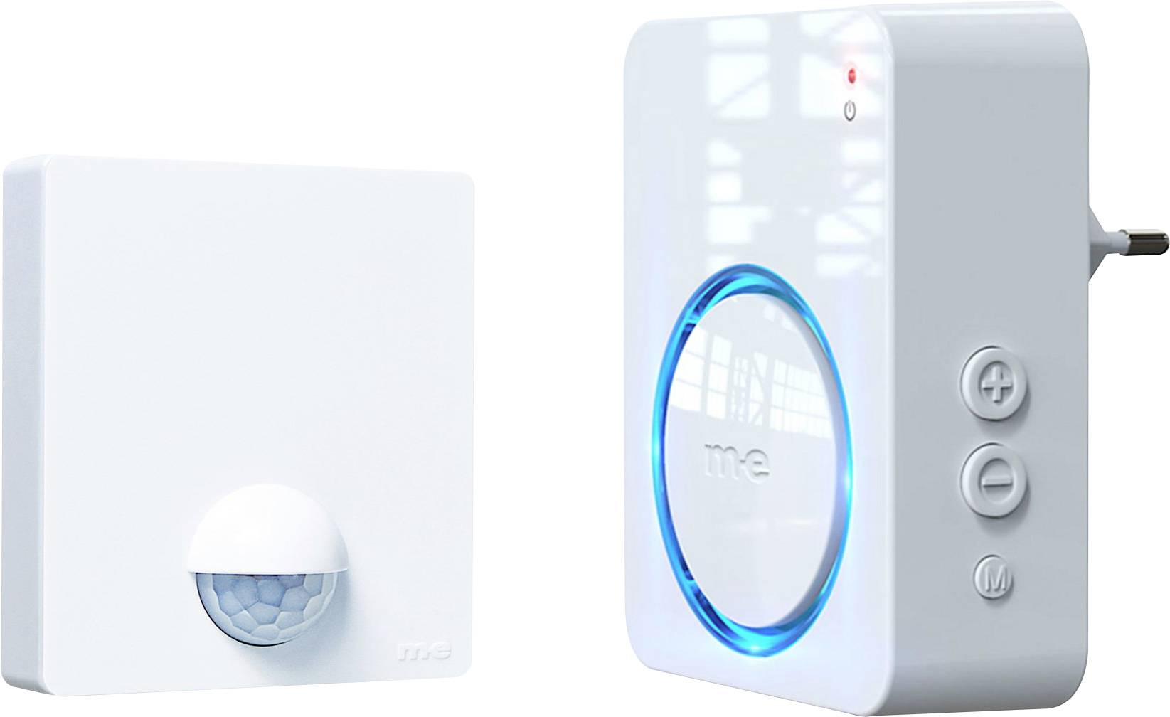 « Gauche : Détecteur de mouvement blanc avec dôme. Droite : Unité de sonnerie enfichable avec anneau LED bleu et boutons de contrôle du volume et des paramètres. »