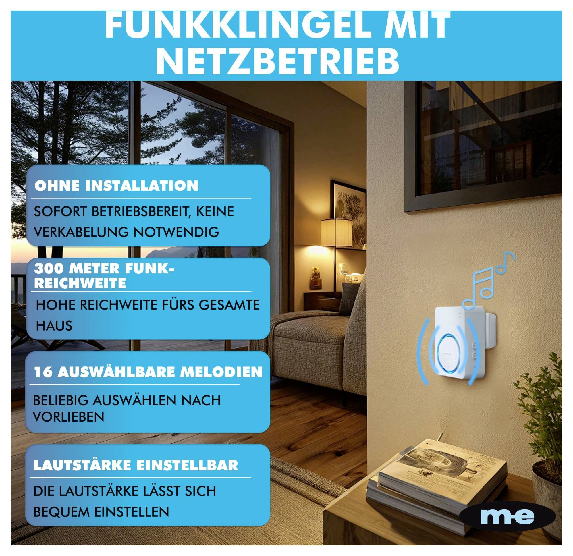 Une sonnette sans fil avec fonctionnement via réseau, mise en valeur dans un décor de salon. Les caractéristiques comprennent : aucune installation nécessaire, portée de 300m, 16 mélodies et volume ajustable.