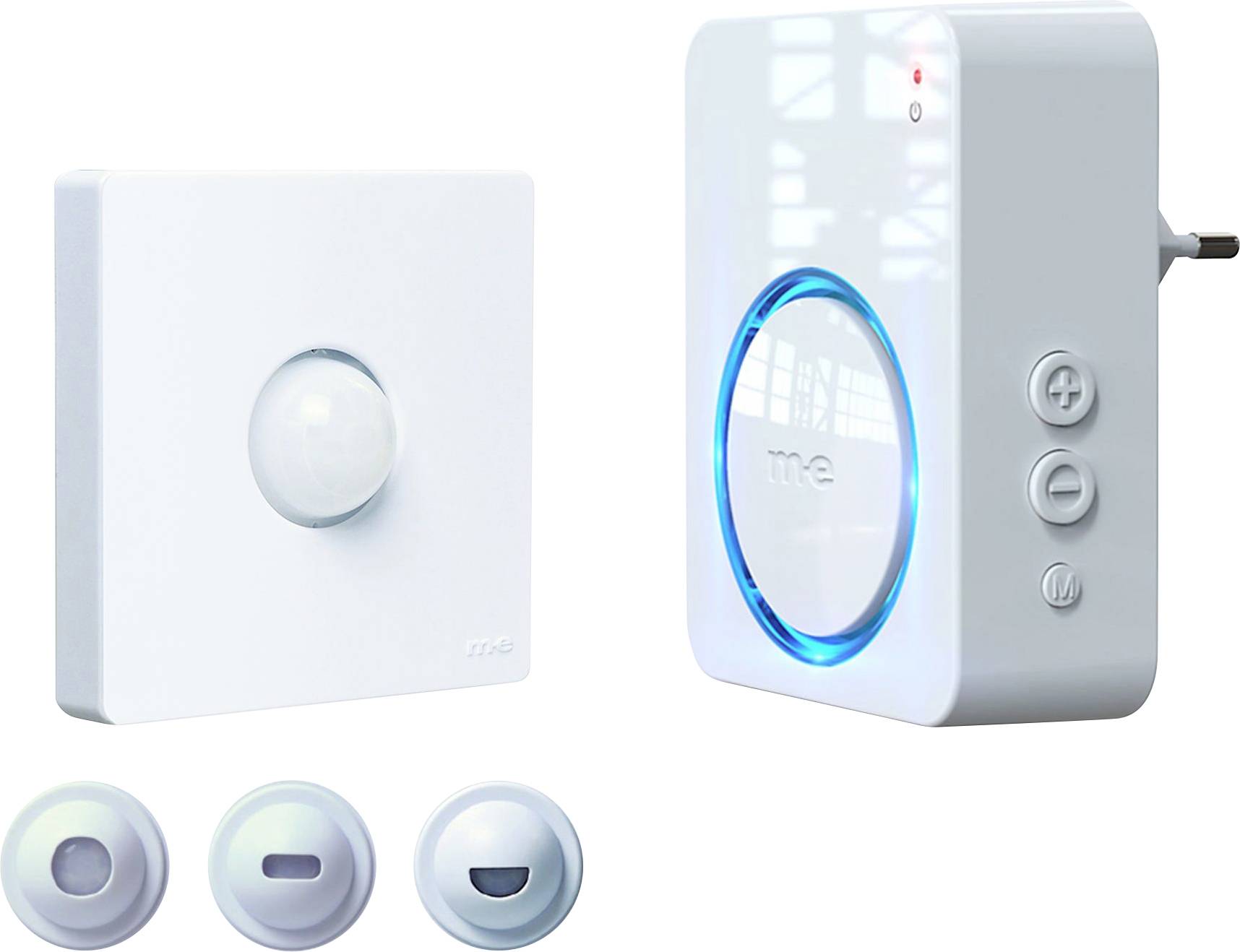 Un capteur de mouvement et une sonnette enfichable avec un anneau lumineux bleu, comportant des boutons de commande sur son côté, ainsi que trois couvercles interchangeables.