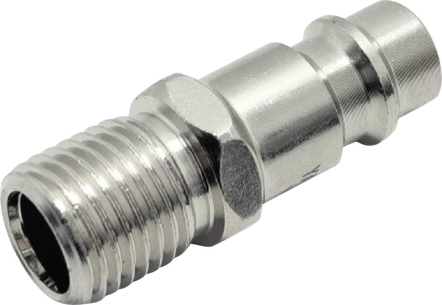Un connecteur de raccord de tuyau métallique avec un filetage nervuré à une extrémité et une finition lisse et conique à l'autre extrémité, utilisé pour fixer les tuyaux.