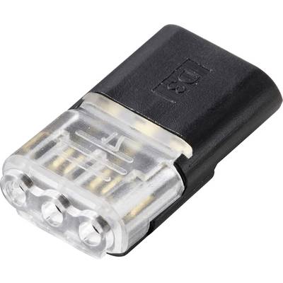 Une image en gros plan d'un adaptateur de prise électrique noir et transparent avec des connecteurs métalliques visibles à une extrémité.
