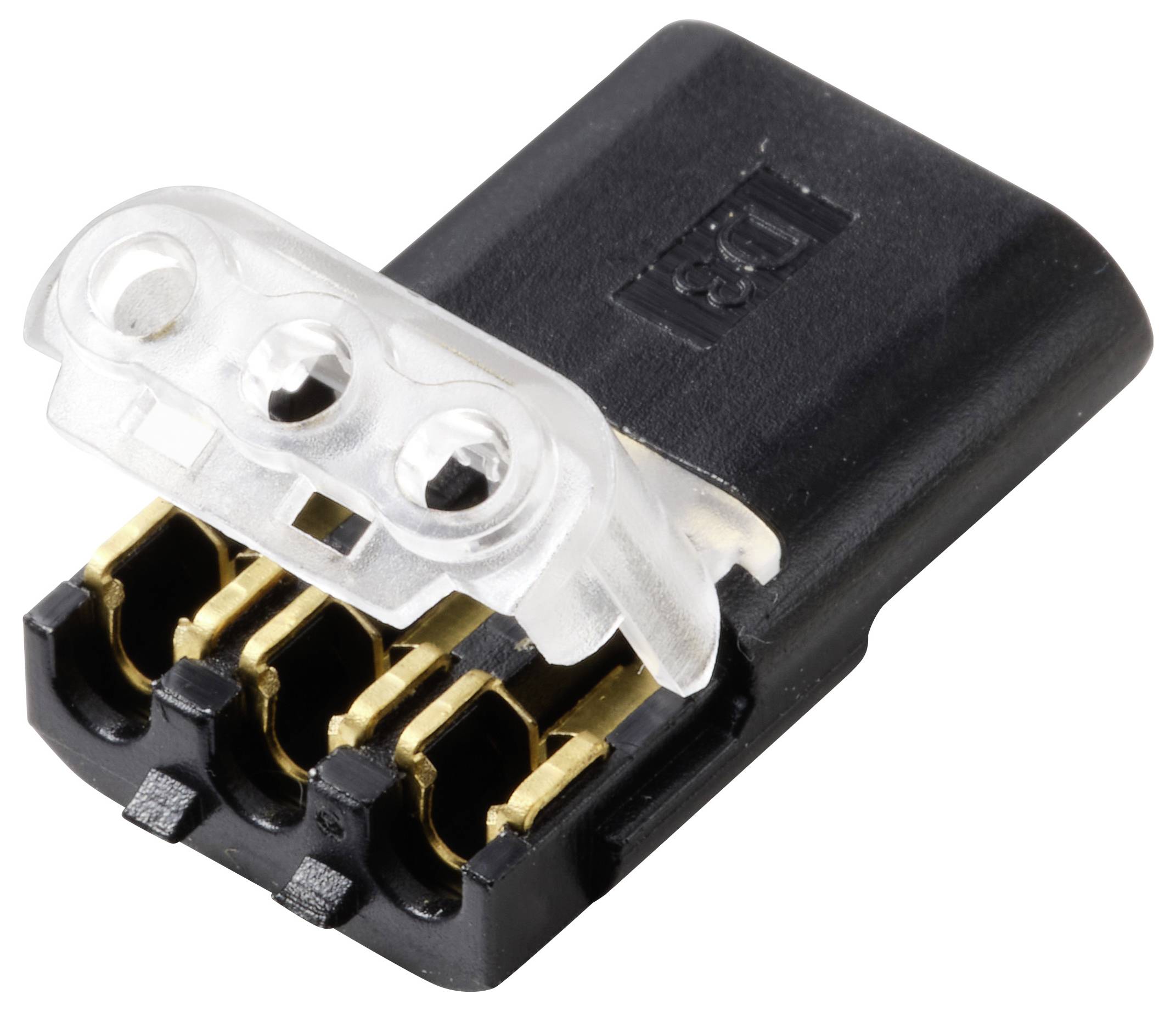 Un connecteur électrique noir avec trois contacts dorés et un boîtier en plastique transparent, utilisé pour les connexions de câbles dans les appareils électroniques.