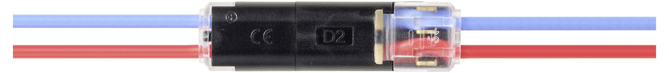 Un connecteur cylindrique noir relie des câbles bleus et rouges, délimitant leurs trajets et leurs points de connexion.