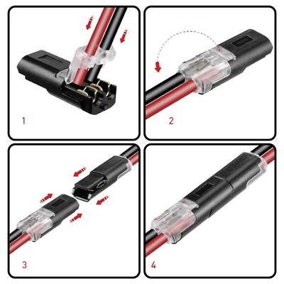 Guide en quatre étapes montrant comment connecter les câbles électriques à l'aide d'un connecteur en plastique transparent. Les étapes incluent l'insertion, le verrouillage, la fixation et la finalisation de la connexion.