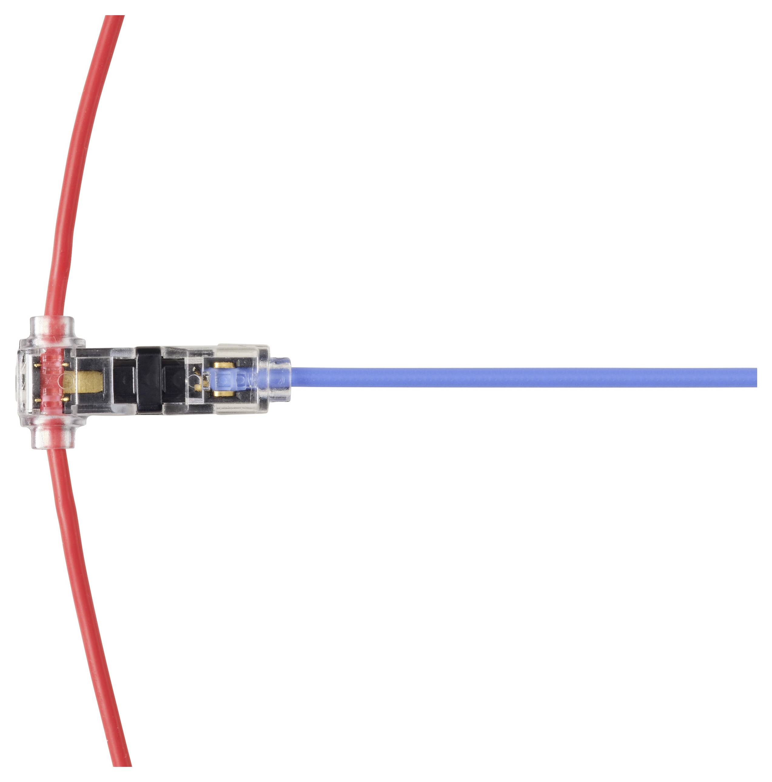 « Fils rouges et bleus connectés par un connecteur transparent sur un fond blanc. »
