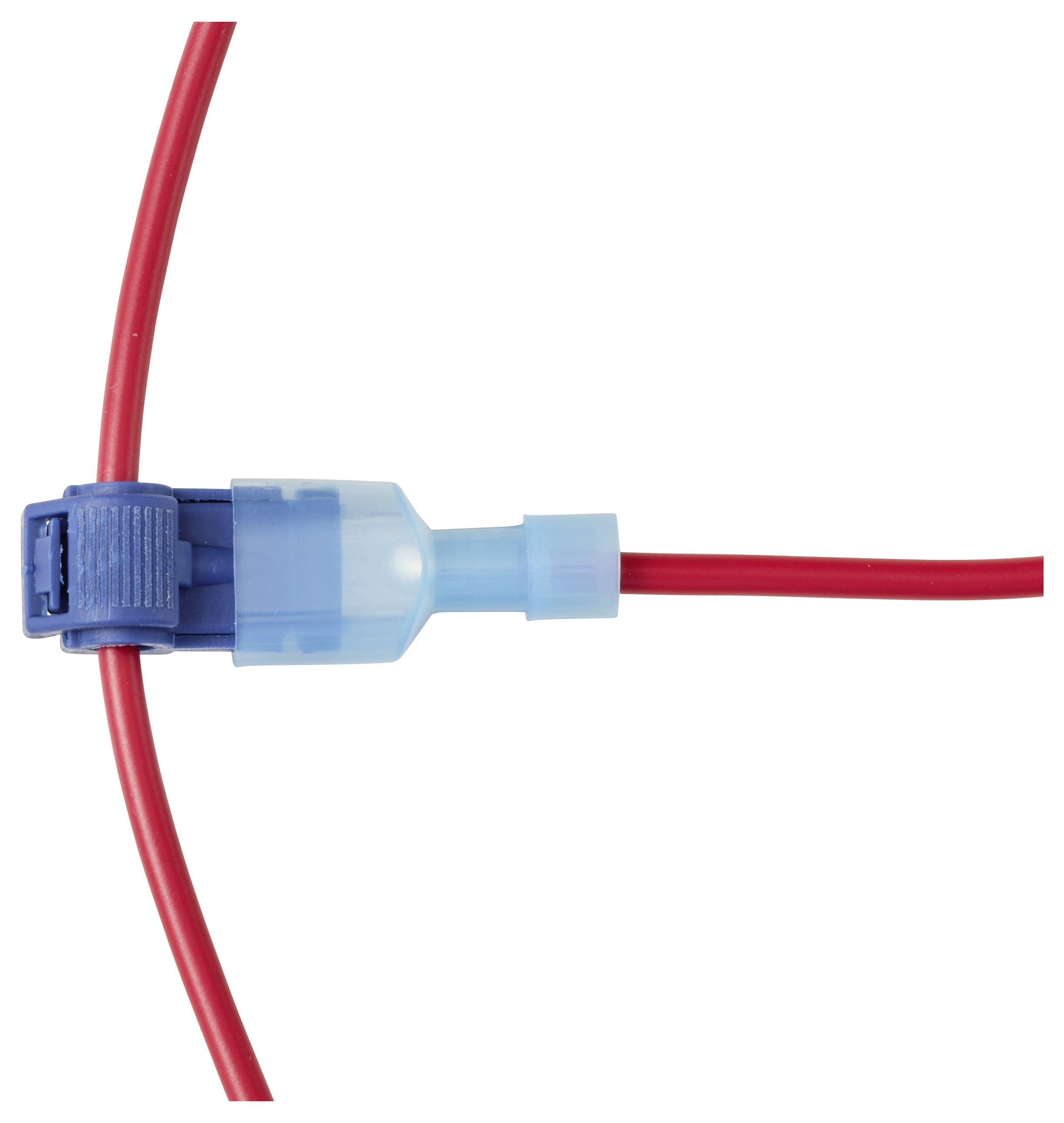 Des fils rouges connectés par un connecteur électrique bleu.