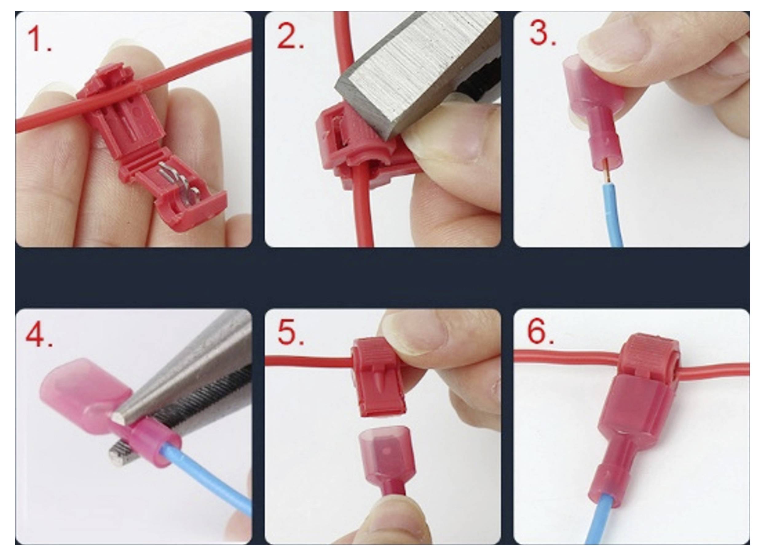 Étapes pour connecter des fils avec un connecteur : 1- Insérer le fil rouge dans le connecteur. 2- Appuyer avec l'outil. 3- Dénuder le fil bleu. 4- Insérer le fil bleu. 5- Couvrir le connecteur. 6- Connexion terminée.