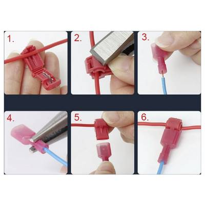 Étapes pour connecter des fils avec un connecteur : 1- Insérer le fil rouge dans le connecteur. 2- Appuyer avec l'outil. 3- Dénuder le fil bleu. 4- Insérer le fil bleu. 5- Couvrir le connecteur. 6- Connexion terminée.