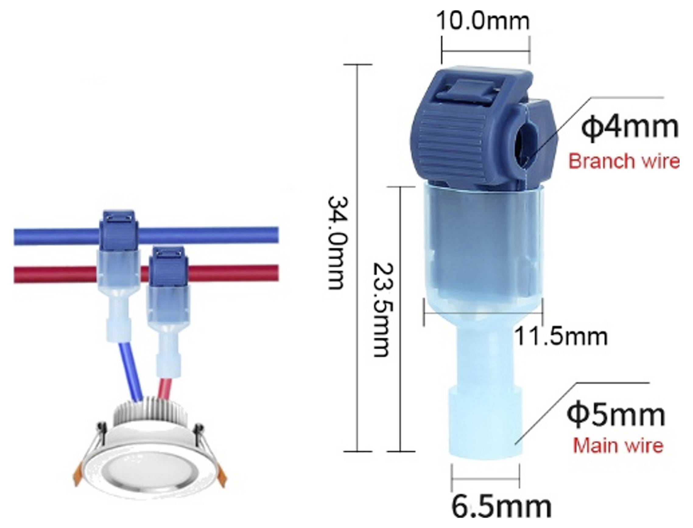 Schéma de connecteur électrique : Le fil principal de 5 mm se connecte au fil de branche de 4 mm. Dimensions : 10 mm de largeur, 34 mm de longueur, 6,5 mm de base.