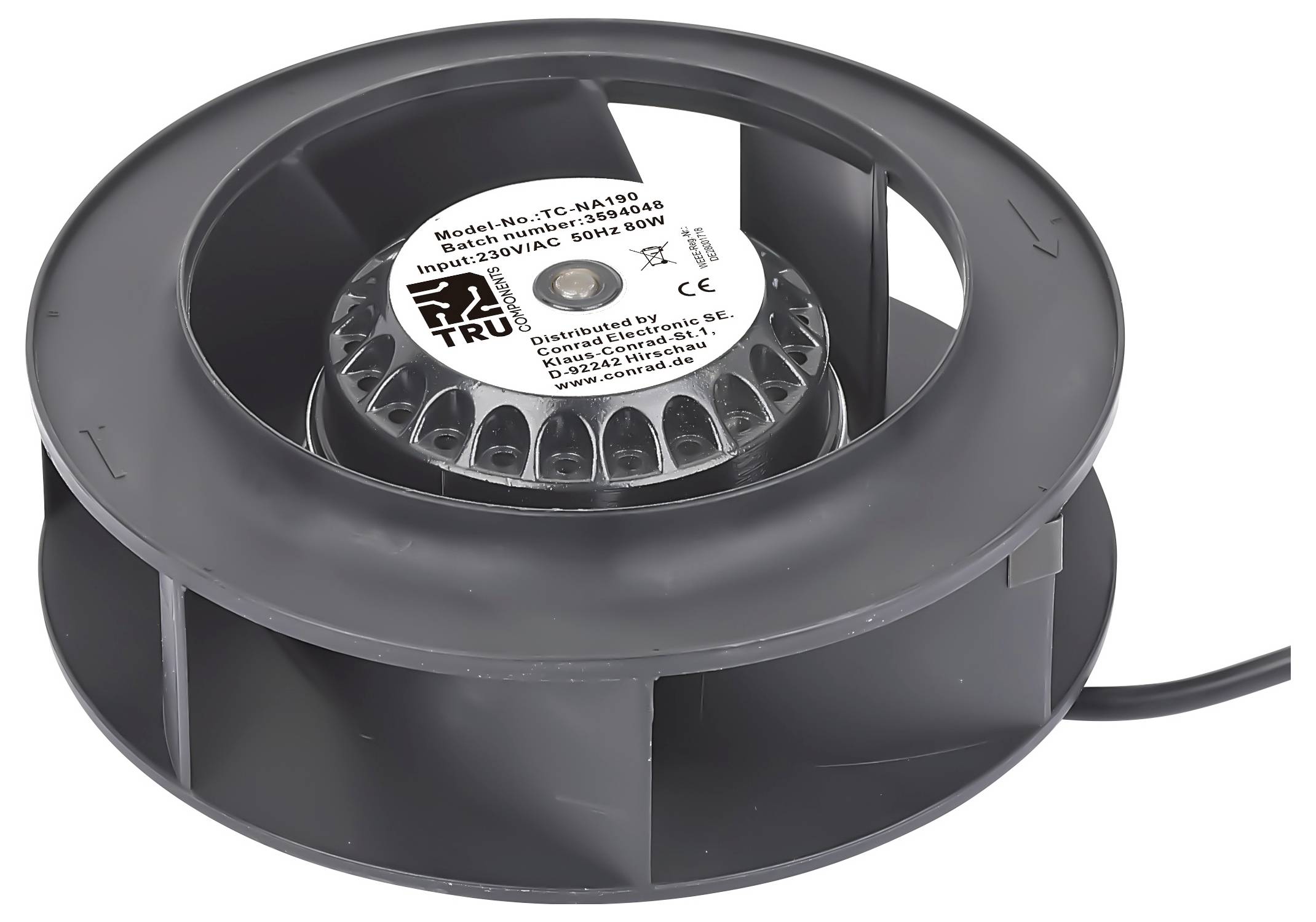 Un ventilateur cylindrique noir de modèle YG-M1498 est présenté, doté d'une puissance nominale de 33W et d'une entrée de 220V AC, 50Hz.