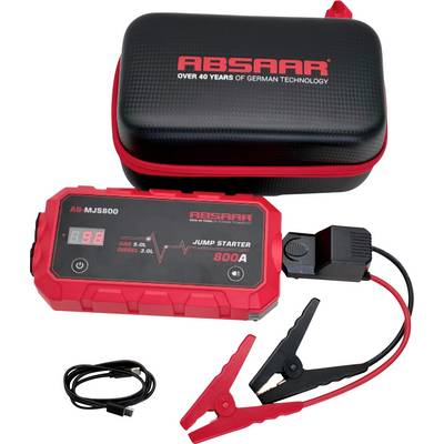 Ensemble de démarreur de batterie 'Absaar' comprenant un appareil noir et rouge étiqueté 'AB-MJS800' avec un affichage LED. Inclut des pinces crocodile et un câble USB.