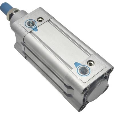 Un cylindre pneumatique en argent, doté de deux ports bleus et d'un capuchon d'extrémité rond, utilisé pour des applications industrielles.