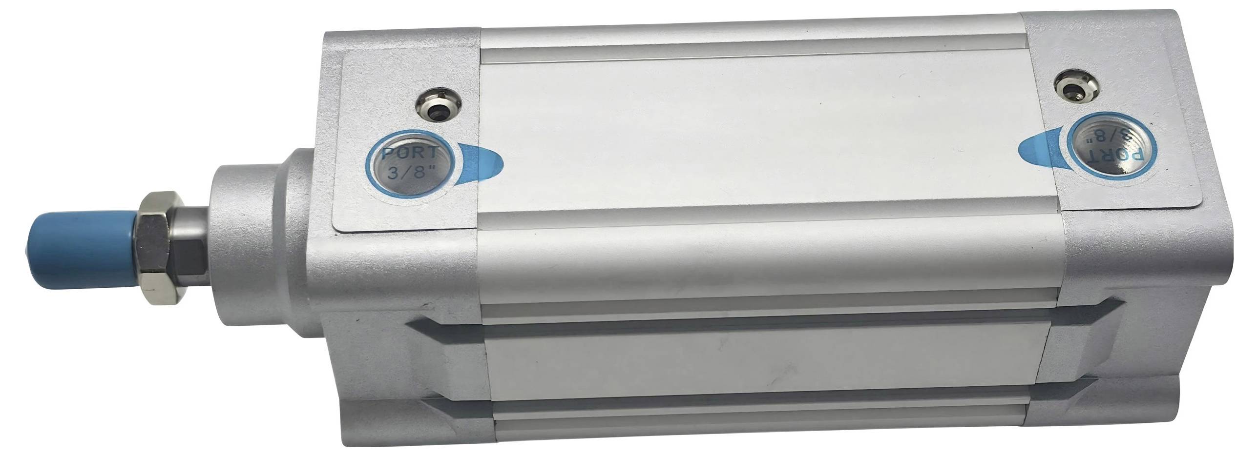 Un vérin pneumatique avec un corps métallique, un capuchon bleu, un marquage de marque visible et une étiquette de pression. Utilisé dans l'automatisation industrielle.