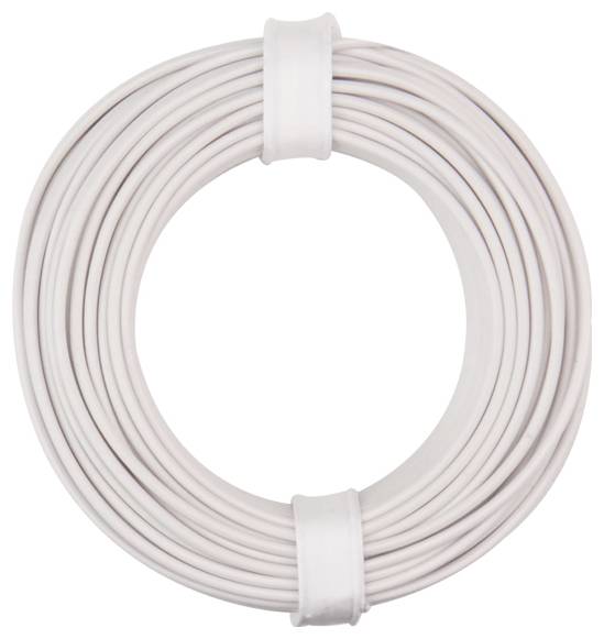 Un câble électrique blanc enroulé, fixé par deux bandes, adapté aux installations et au câblage intérieur.