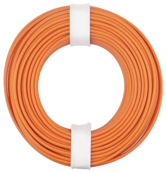 Un câble électrique orange enroulé, maintenu par deux bandes blanches.