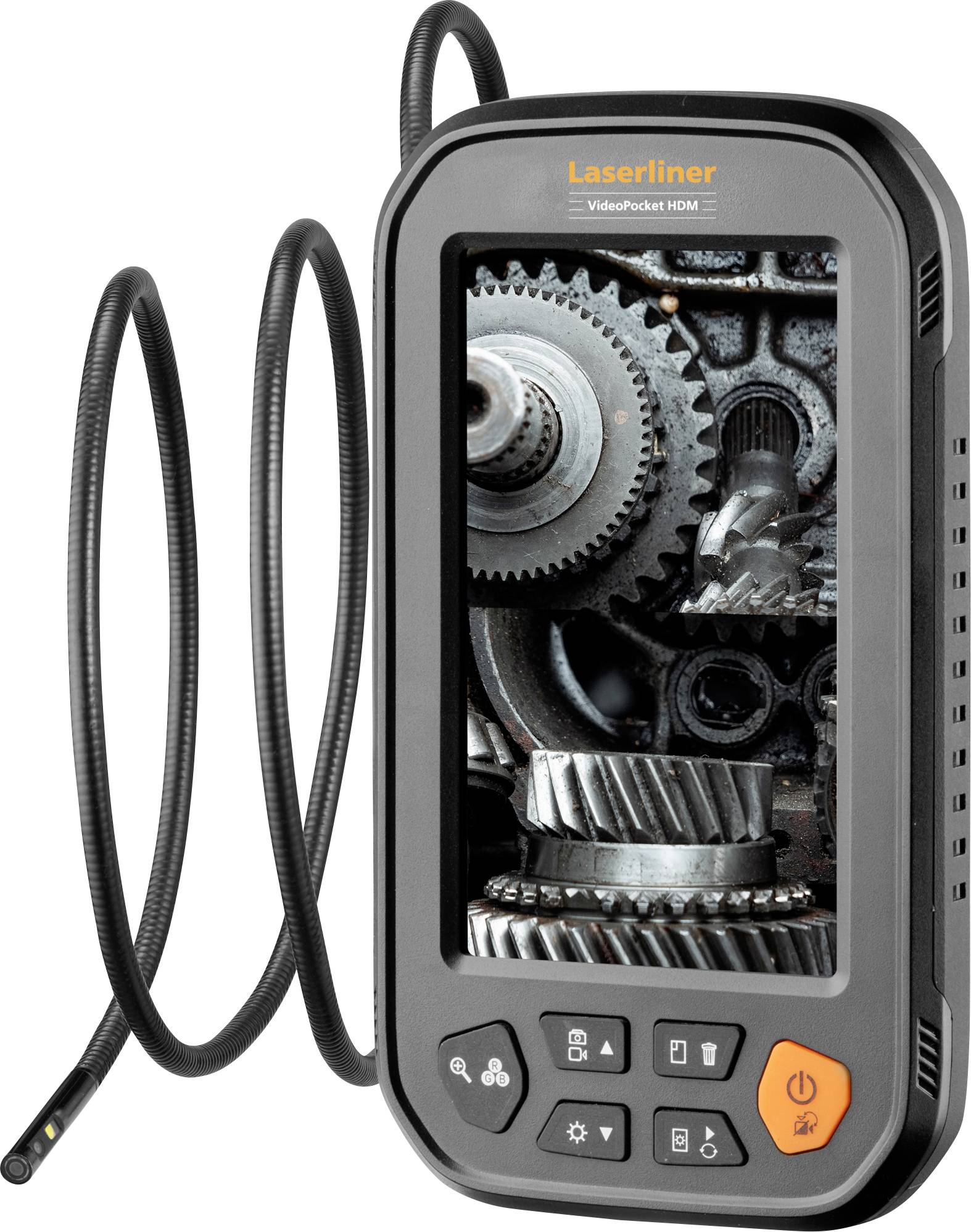 Une caméra d'inspection portable avec un écran affichant en détail les engrenages internes. L'appareil est étiqueté « Laserliner VideoPocket HDM ».
