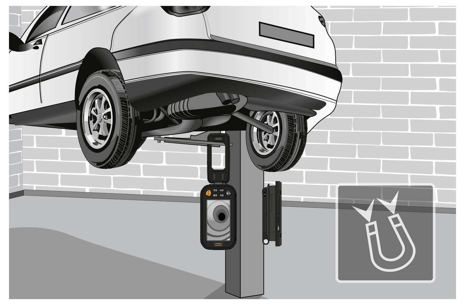 Une voiture est soulevée sur un élévateur hydraulique pour un alignement des roues, avec un capteur numérique mesurant les angles. Un symbole d'aimant indique la fixation du capteur.