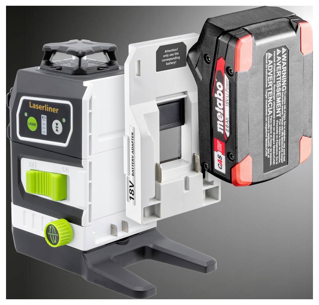 'Outil Laserliner compatible avec batterie Metabo 18V, doté d'un interrupteur marche/arrêt et de commandes de réglage, conçu pour des mesures de précision.'