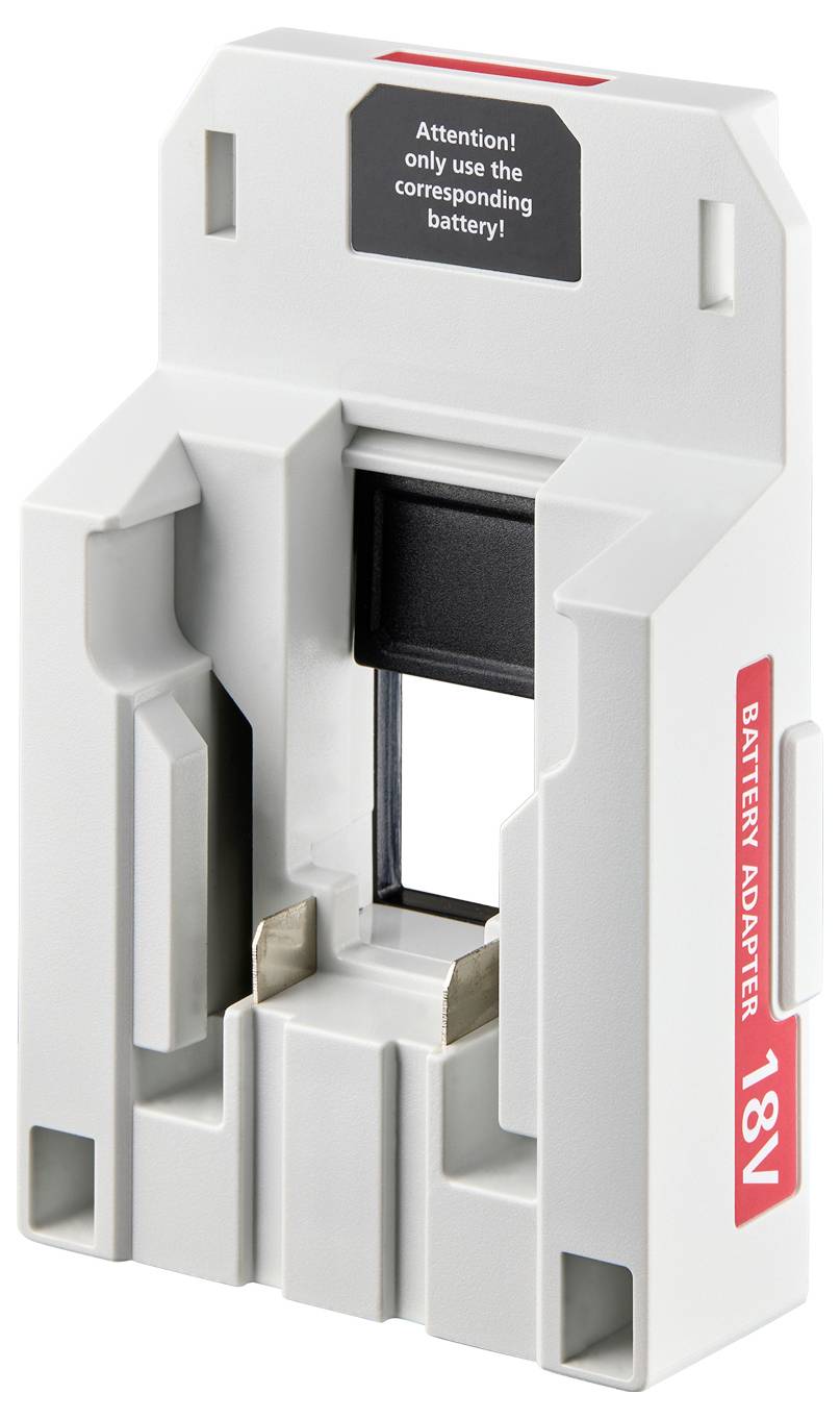 Adaptateur de batterie étiqueté « 18V », avec un panneau de mise en garde indiquant « Attention ! Utilisez uniquement la batterie correspondante ! ».