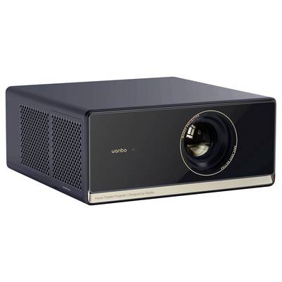 Projecteur de cinéma maison noir avec objectif sur la droite, présentant des évents de refroidissement perforés sur les côtés.
