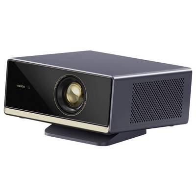 Un projecteur noir élégant avec une garniture dorée sur un support, présentant un objectif proéminent à l'avant et une ventilation latérale.
