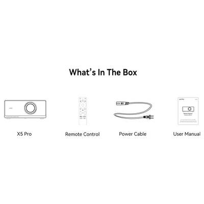 « What's in the Box » comprend : projecteur X5 Pro, télécommande, câble d'alimentation, manuel d'utilisateur.