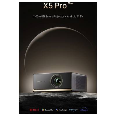 Projecteur intelligent « X5 Pro New » avec Android 11 TV, 1100 lumens ANSI. Les marques incluent Netflix, Google Play, Amazon Prime Video, Disney.