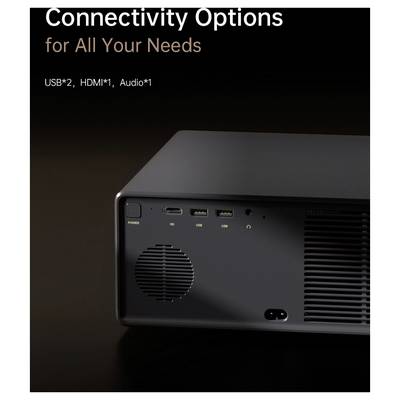 « Options de connectivité pour tous vos besoins » s'affiche au-dessus d'un appareil noir avec plusieurs ports : USB x2, HDMI x1, Audio x1.