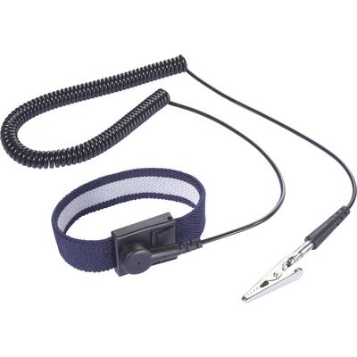 Un bracelet antistatique enroulé avec une pince crocodile, utilisé pour prévenir les décharges électrostatiques en mettant à la terre le porteur.