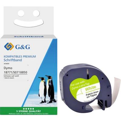 « Rouleau d'étiquettes de marque compatible G&G de qualité premium pour imprimantes Dymo ; comprend un ruban blanc en tissu, largeur de 12 mm, avec image de pingouin. »
