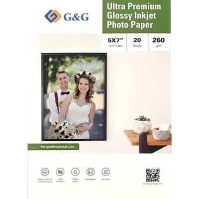 Papier Photo Jet d'Encre Ultra Premium Glacé G&G - Format 5x7", 20 feuilles, 260 g/m², pour usage professionnel