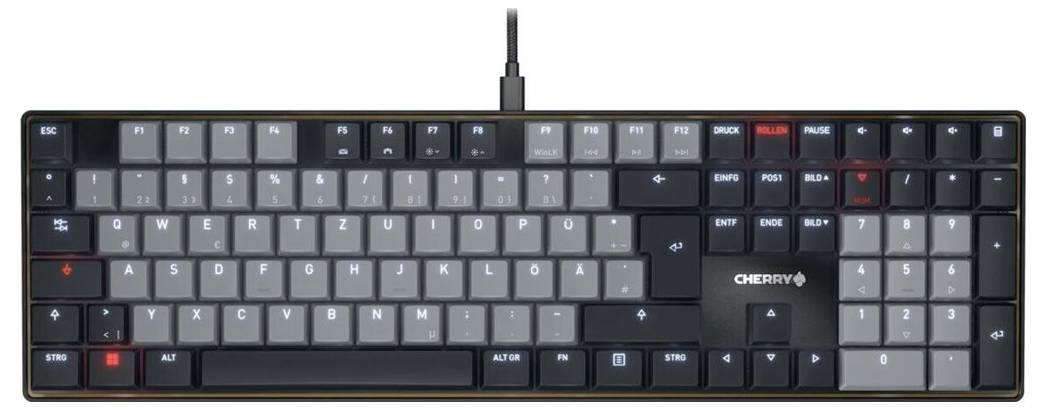 Un clavier mécanique avec un ensemble complet de touches, présentant un schéma de couleurs noir et gris avec des accents rouges sur les touches sélectionnées.