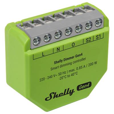 Variateur Shelly Green Gen4 montrant les connexions électriques. Étiqueté avec « Contrôleur d'éclairage intelligent », spécifications : « 220-240 V~, 50 Hz », « 0.85 A, 200 W ».