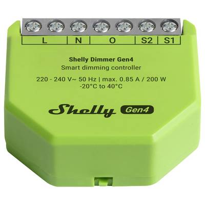 Variateur vert Shelly Dimmer Gen4 avec ports de connexion étiquetés « L », « N », « O », « S2 », « S1 ». Spécifications du contrôleur d'éclairage intelligent : 220-240V, 50Hz, max. 0,85A/200W.