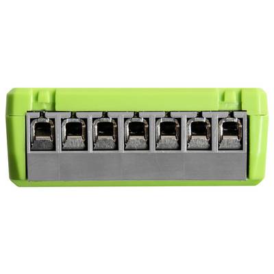 Un bloc de bornes vert et gris avec huit points de connexion, utilisé pour sécuriser et terminer les fils électriques dans un circuit.