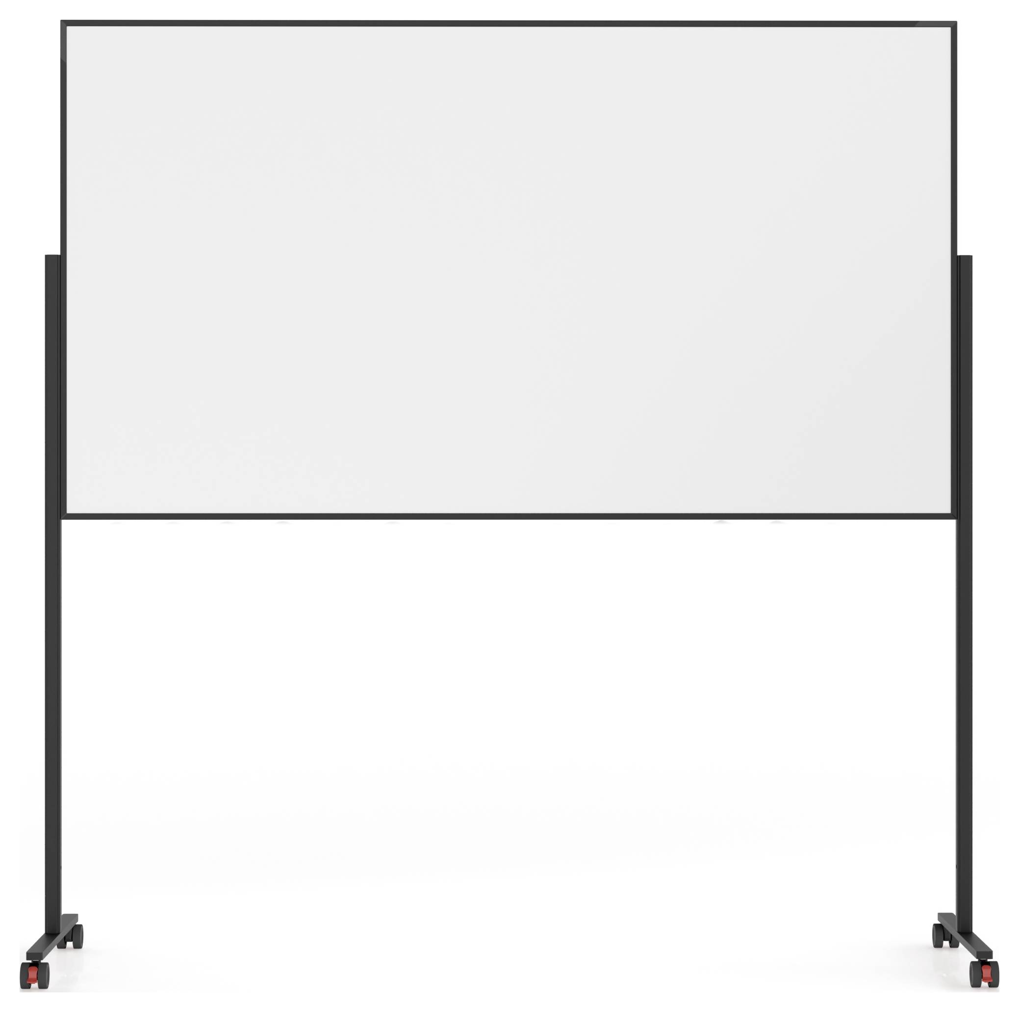 Tableau blanc sur roulettes avec un cadre noir, prêt pour l'écriture ou les présentations dans un environnement de bureau ou de classe.