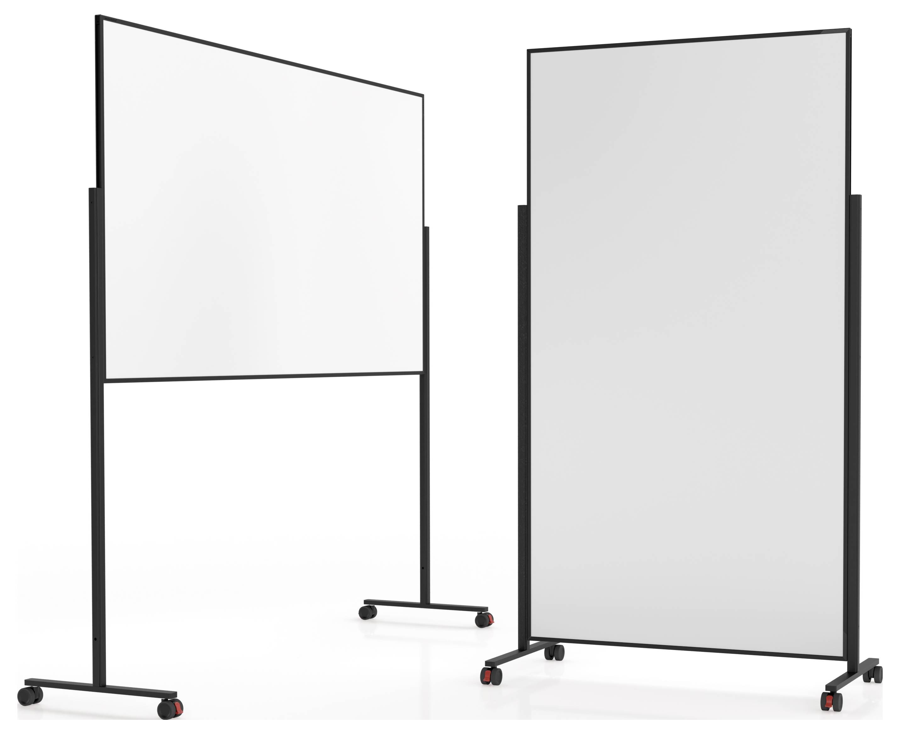 Deux tableaux blancs mobiles sur roues avec des cadres noirs, l'un affiché horizontalement et l'autre verticalement, sur un fond blanc.