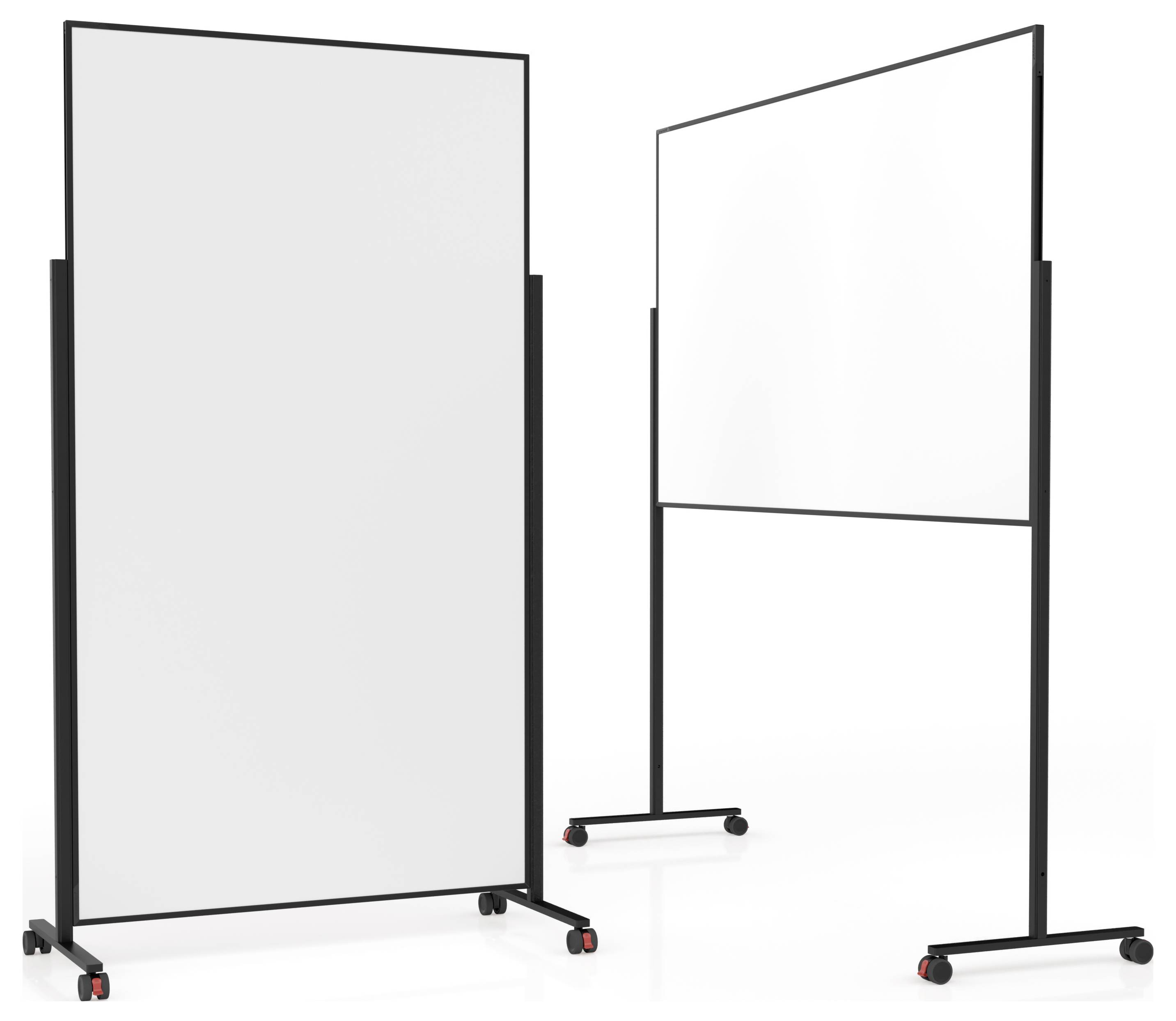 Deux grands tableaux blancs mobiles avec des cadres noirs, chacun sur des roulettes pour un déplacement facile. L'un est positionné face avant, l'autre vue de côté.