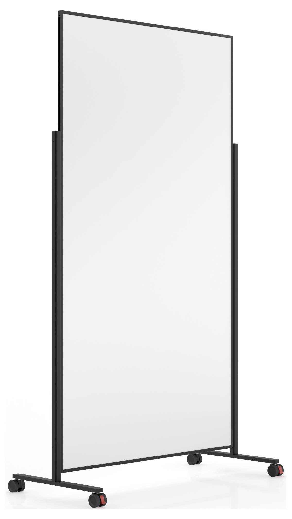 Un tableau blanc vertical avec un cadre métallique noir, monté sur des roulettes pour la mobilité.