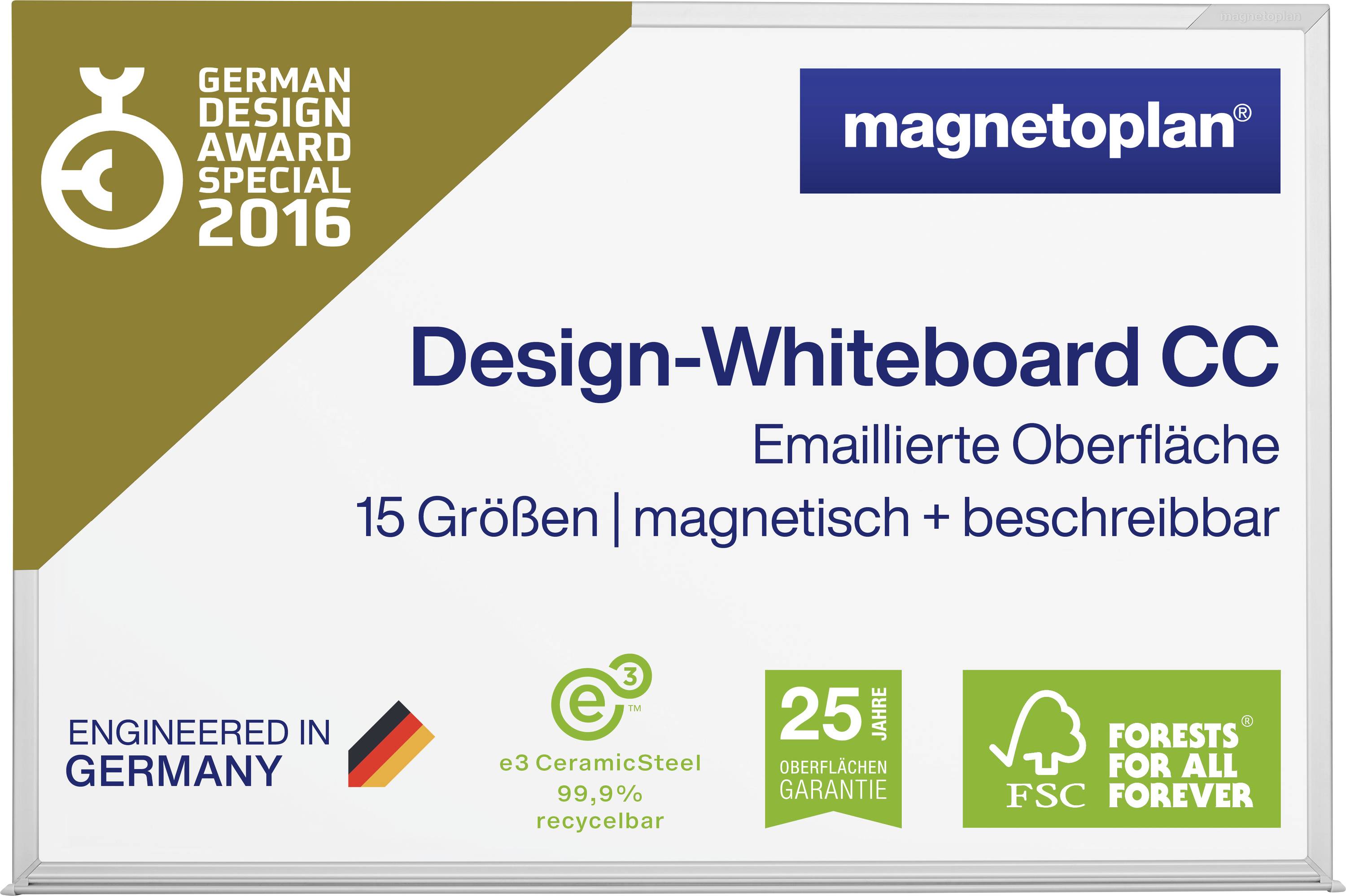 Un tableau blanc avec le texte « Design-Whiteboard CC », surface émaillée, 15 tailles, magnétique et inscriptible. Avec distinctions.