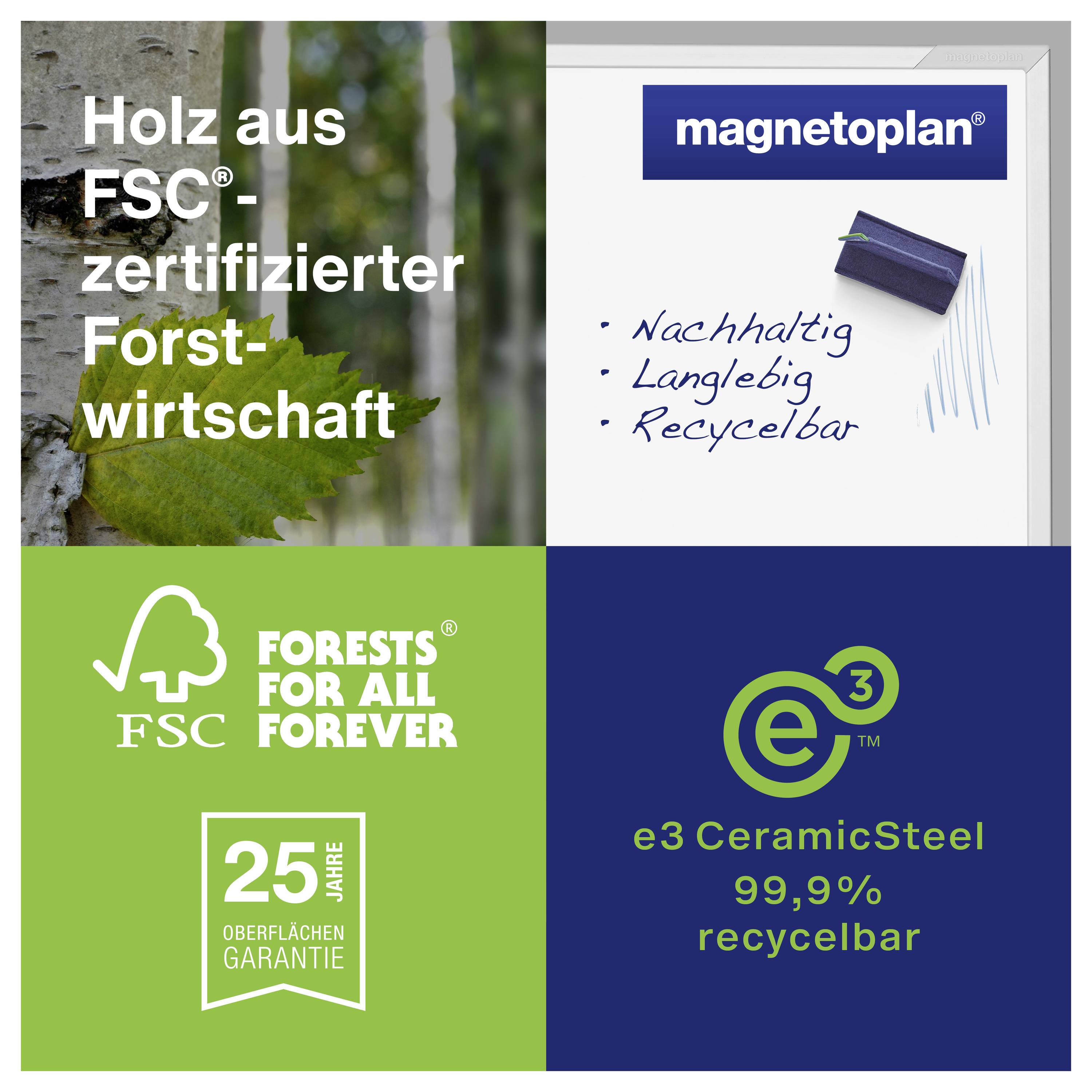 'Magnetoplan produit des tableaux blancs durables et recyclables en bois certifié FSC. Garantie de surface de 25 ans.'