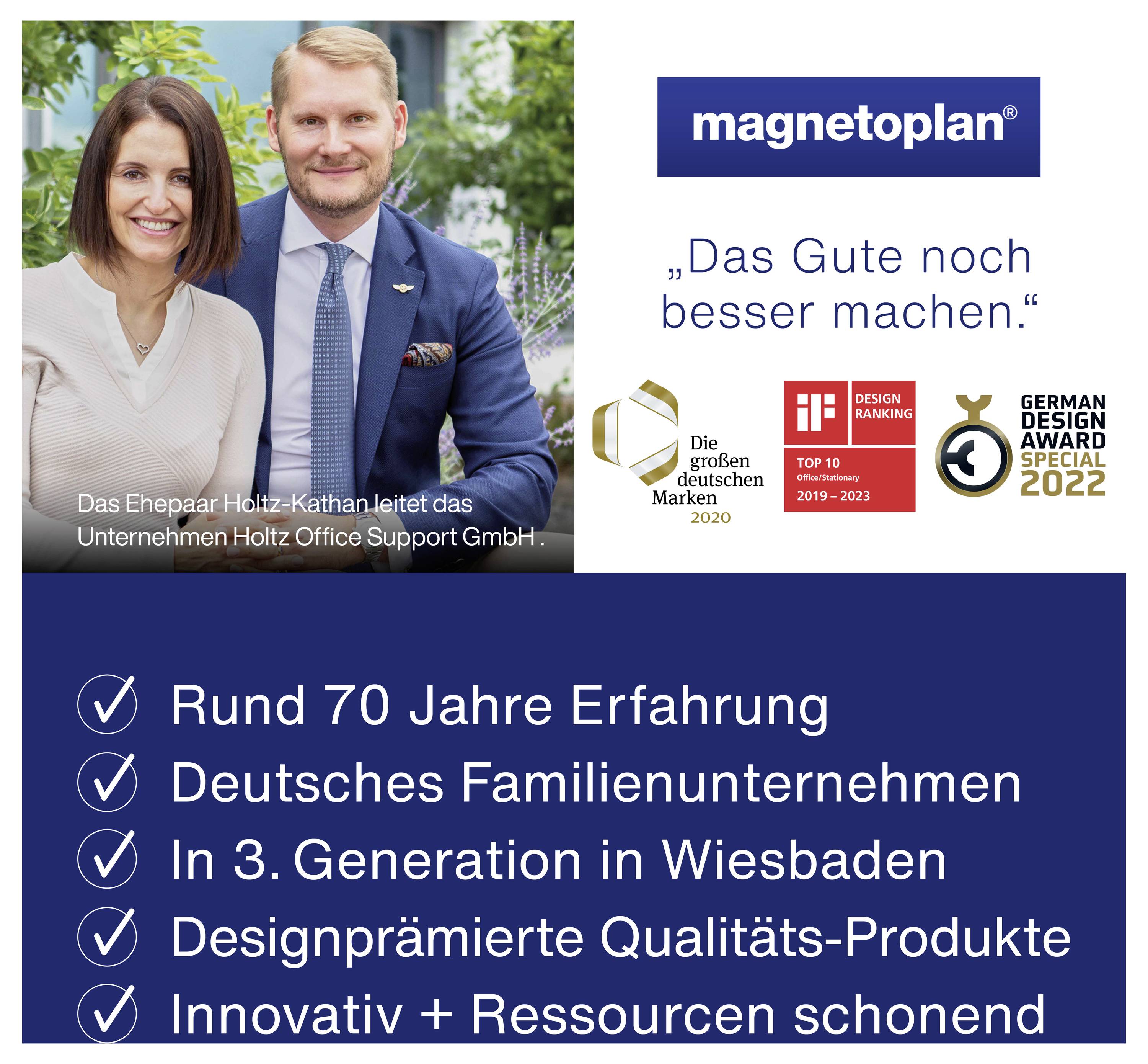 L'image montre le couple Holz-Kathan, directeurs de Holtz Office Support GmbH, avec un texte sur 70 ans d'expérience et des produits durables.