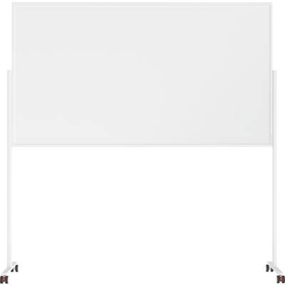 Un grand tableau blanc lisse sur un support à roulettes, posé sur un fond vierge.