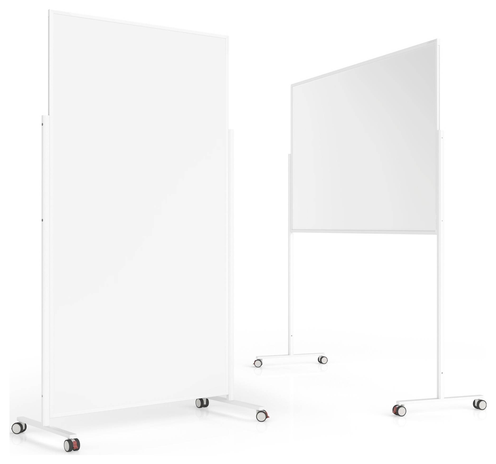 Deux tableaux blancs mobiles sur roulettes, debout à la verticale, l'un au premier plan et l'autre en arrière-plan, tous deux avec des surfaces propres.
