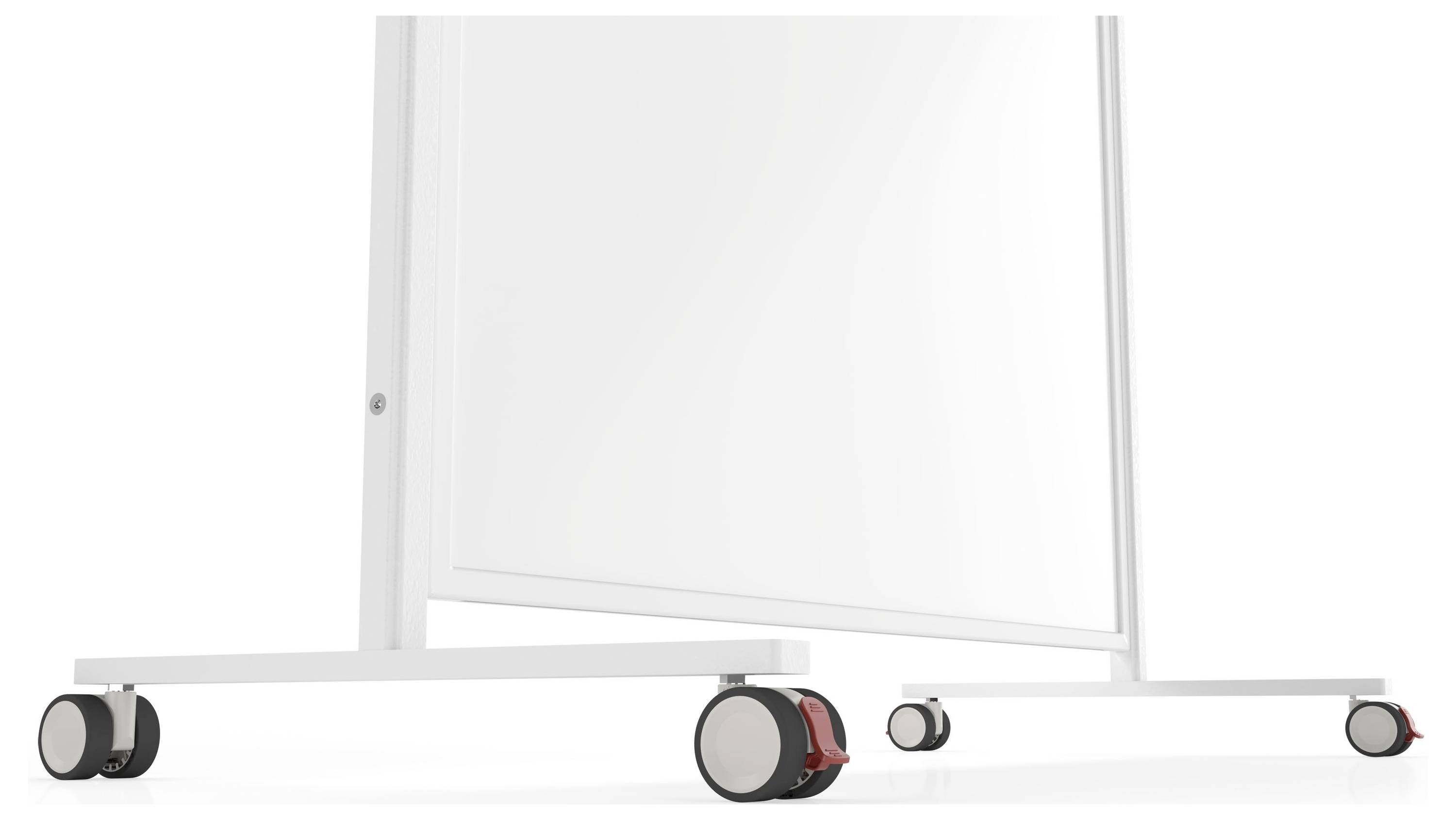 L'image montre la partie inférieure d'un tableau blanc mobile sur roulettes, avec deux roulettes pivotantes rouges et blanches visibles.