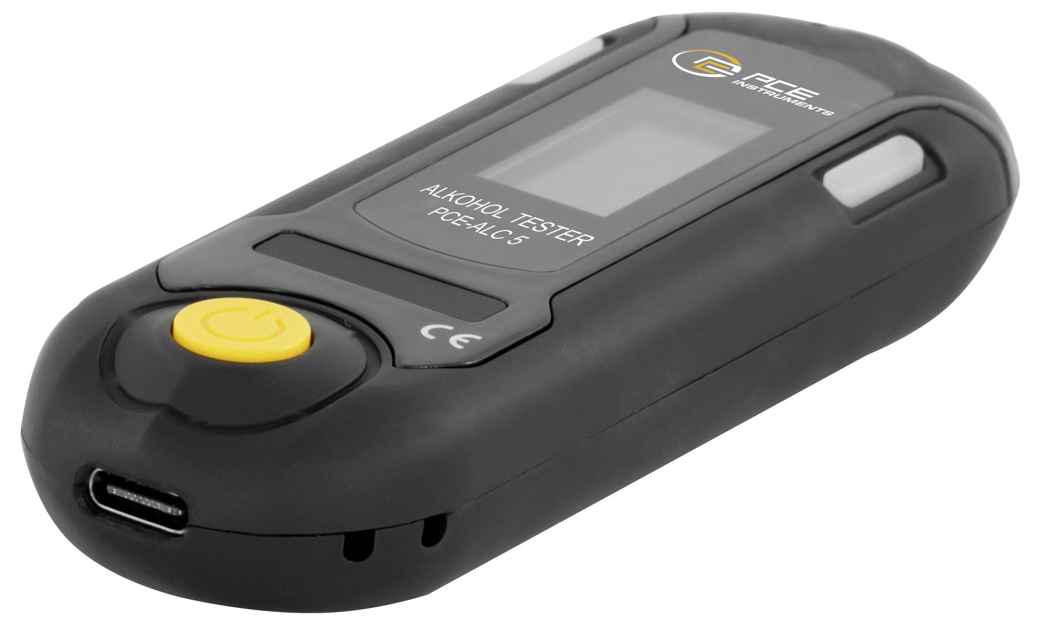 Testeur d'alcool portatif noir avec petit écran, bouton d'alimentation jaune et port de charge USB-C, présenté sur fond blanc.