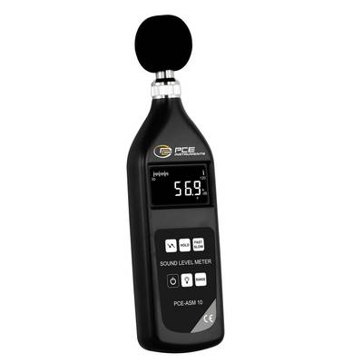 Sonomètre portable PCE avec microphone en mousse affichant 56,9 dB sur son écran numérique.